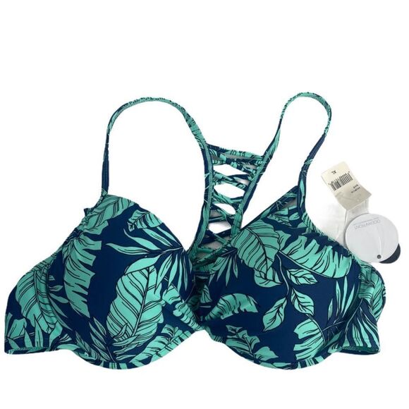 Hot Water Blue Palm Leaf Push-Up Bikini Top‎ - Picture 2 of 7